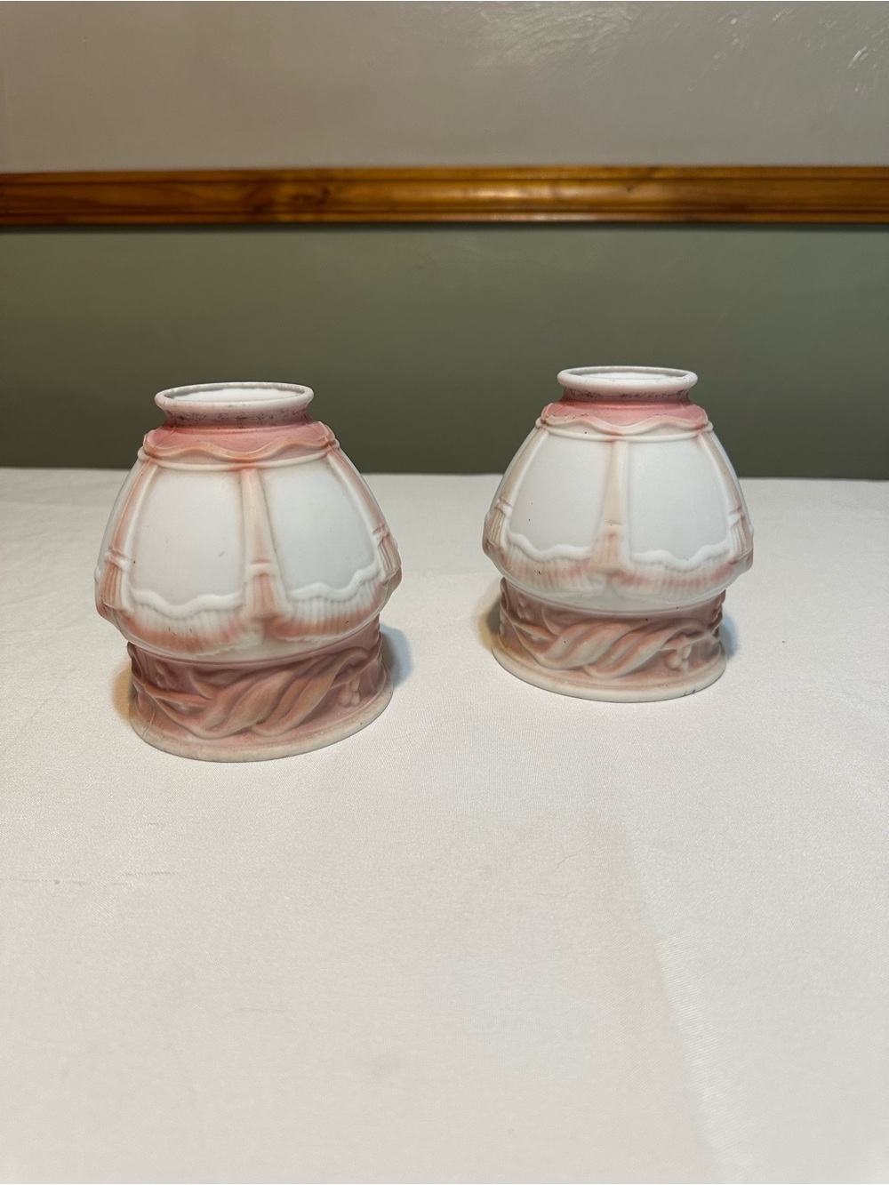 Antique / vintage frosted pink and white glass lamp shades set of 2